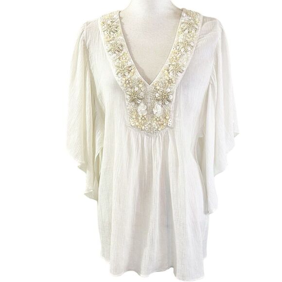 Calypso St Barth Womens Blouse Size Small Oversized Beading Sequins Beachy Gauzy - Picture 1 of 9